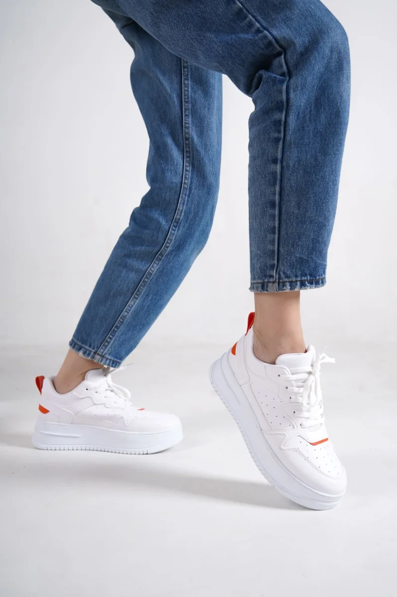 ALESSI Bağcıklı Ortopedik Taban Kadın Sneaker Spor Ayakkabı CBT - Beyaz/Turuncu