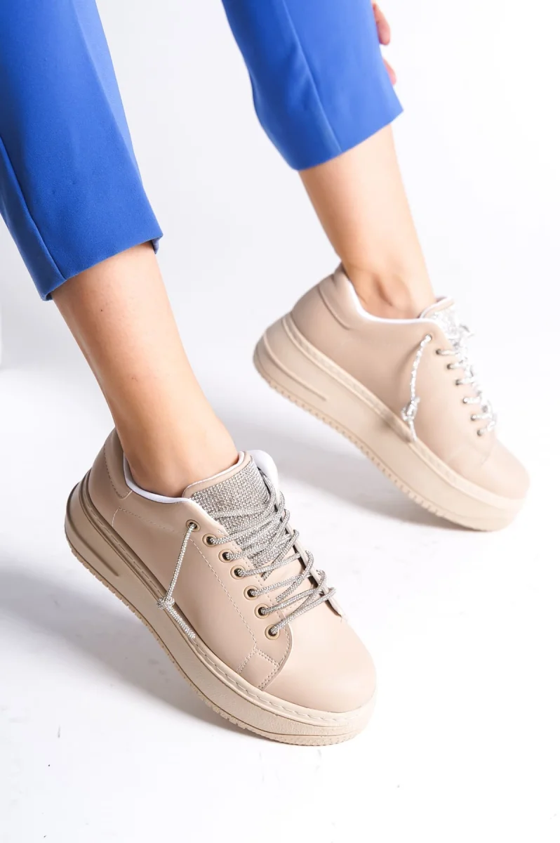 DELLA Bağcıklı Ortopedik Taban Taşlı Kadın Sneaker Spor Ayakkabı CTT - Ten