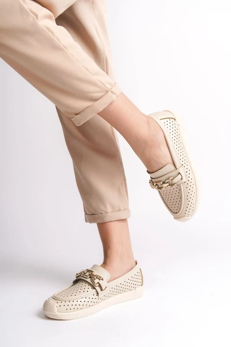 LAYLA Bağcıksız Ortopedik Rahat Taban Kalp Desenli Kadın Babet Ayakkabı CKT - Krem