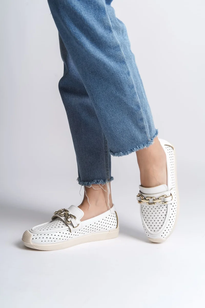 LAYLA Bağcıksız Ortopedik Rahat Taban Kalp Desenli Kadın Babet Ayakkabı  CKT - Beyaz