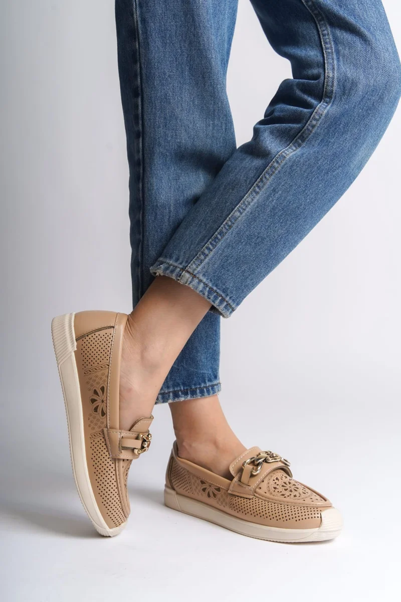 LAYLA Bağcıksız Ortopedik Rahat Taban Çiçek Desenli Kadın Babet Ayakkabı  CKT - Ten