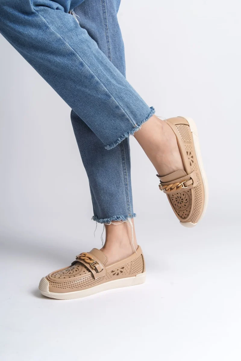 LIZY Bağcıksız Ortopedik Rahat Taban Çiçek Desenli Kadın Babet Ayakkabı CKT - Ten