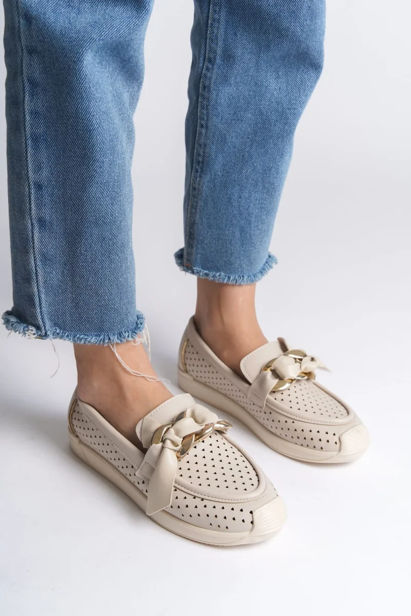 LYDIA Bağcıksız Ortopedik Rahat Taban Kalp Desenli Kadın Babet Ayakkabı  CKT - Krem