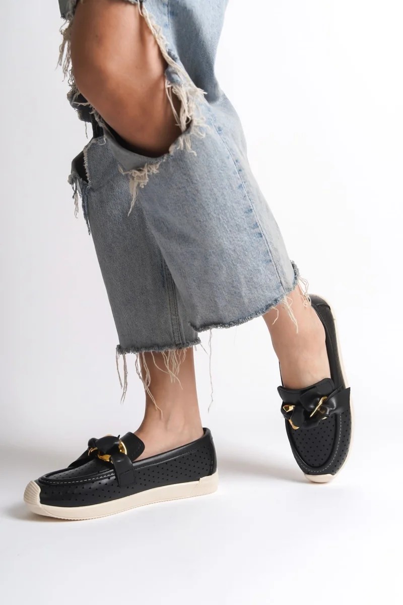 LYDIA Bağcıksız Ortopedik Rahat Taban Kalp Desenli Kadın Babet Ayakkabı  CKT - Siyah