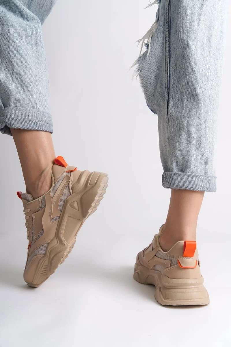 TOKYO Bağcıklı Ortopedik Taban Triko Detaylı Kadın Spor Ayakkabı  TTT - Ten/Turuncu