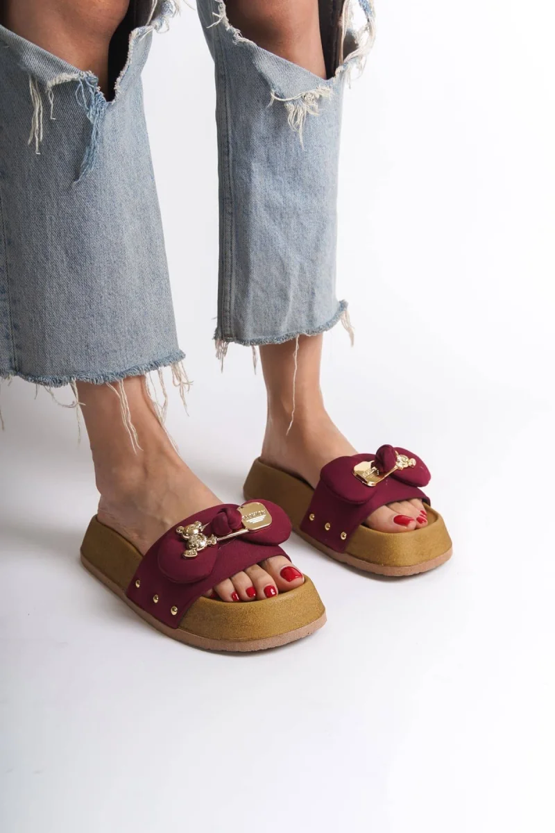 DILA Kalın ve Ortopedik Taban Ayıcıklı Saten Kadın Terlik  SKT - Bordo