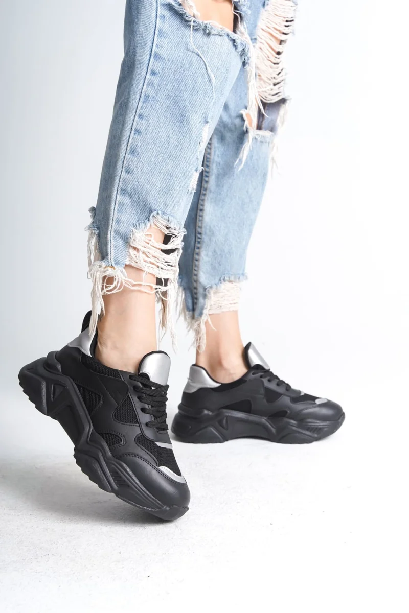 TOKYO Bağcıklı Ortopedik Taban Triko Detaylı Kadın Spor Ayakkabı  TST - Siyah/Gri