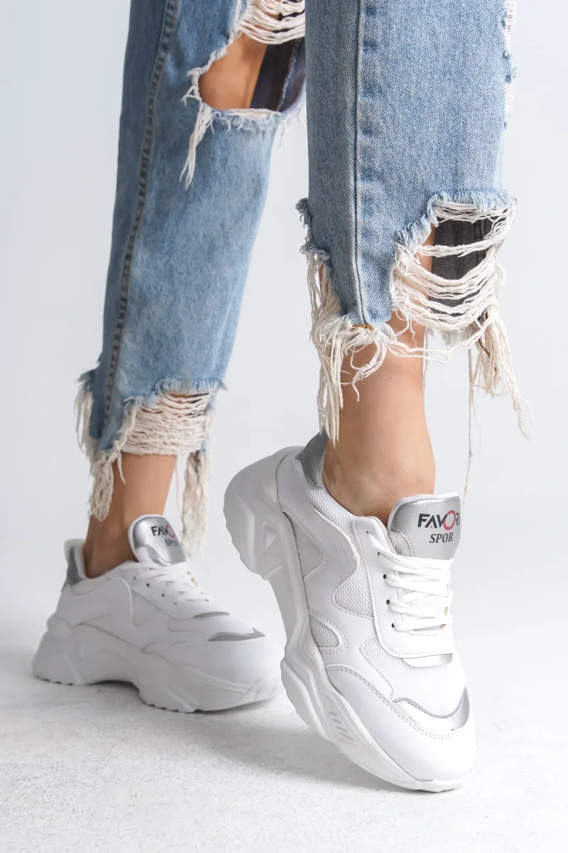 TOKYO Bağcıklı Ortopedik Taban Triko Detaylı Kadın Spor Ayakkabı  TBT - Beyaz/Gri