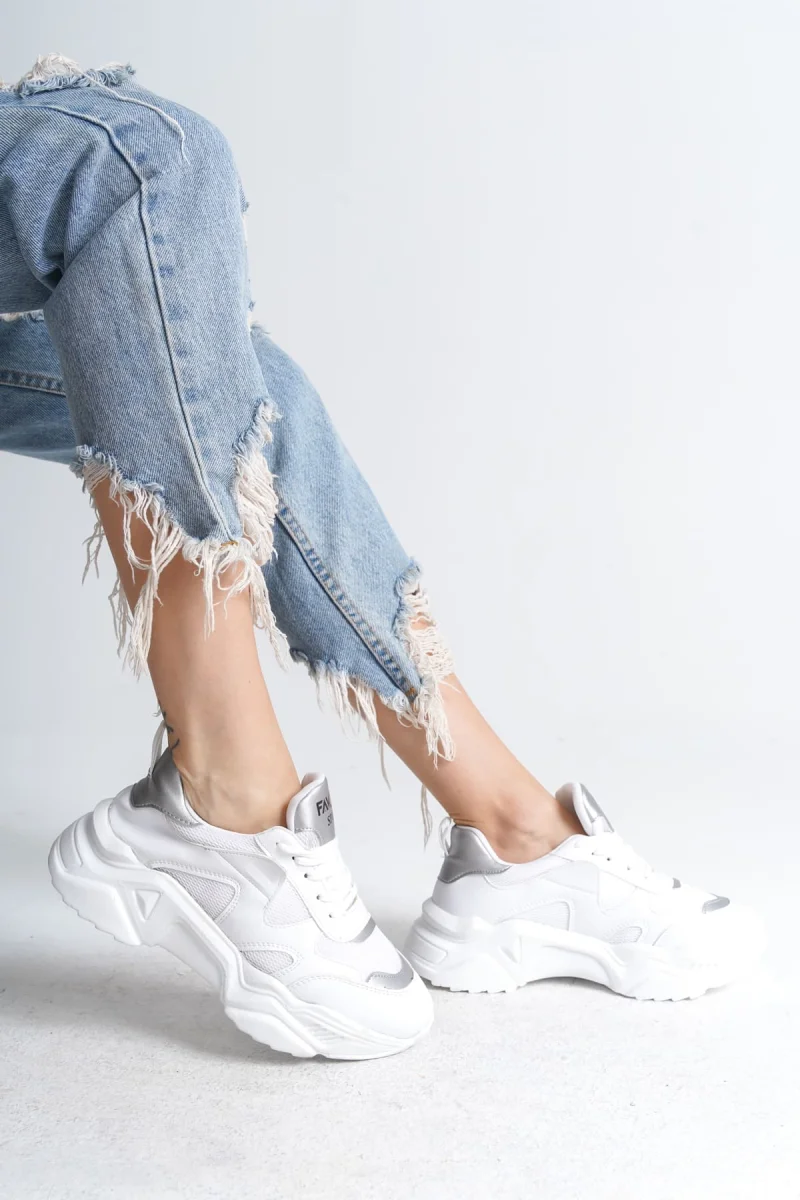 TOKYO Bağcıklı Ortopedik Taban Triko Detaylı Kadın Spor Ayakkabı  TBT - Beyaz/Gri