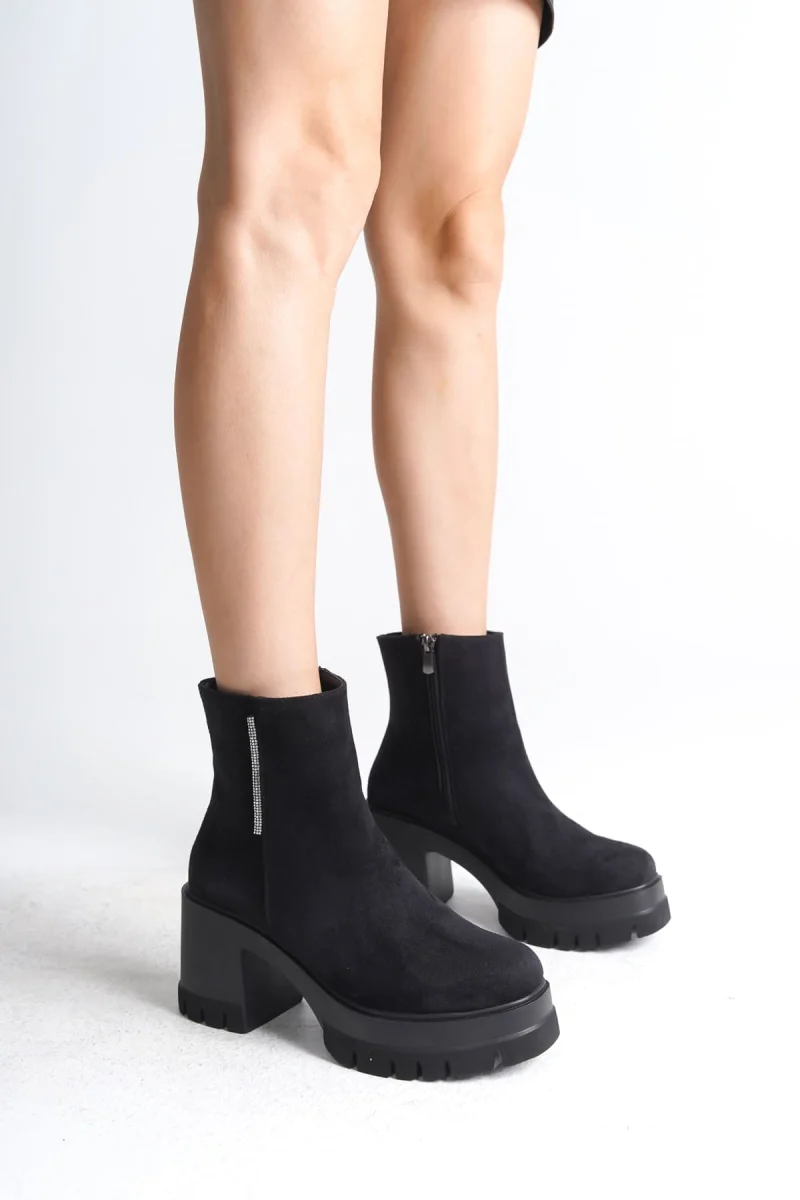 LISSE Fermuarlı Ortopedik Taban Kalın Topuklu Süet Kadın Bot SST - Siyah