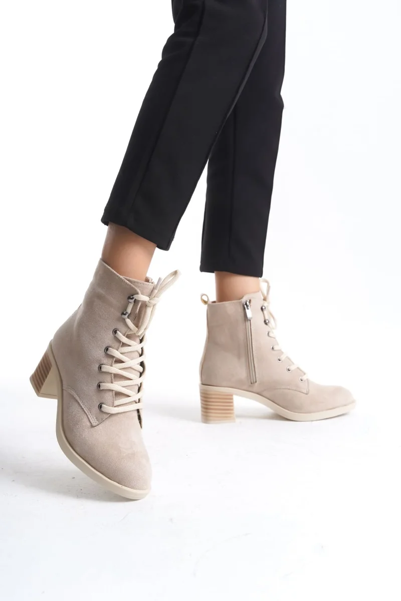 LENA Bağcıklı Fermuarlı Ortopedik Taban Topuklu Süet Kadın Bot  STT - Ten