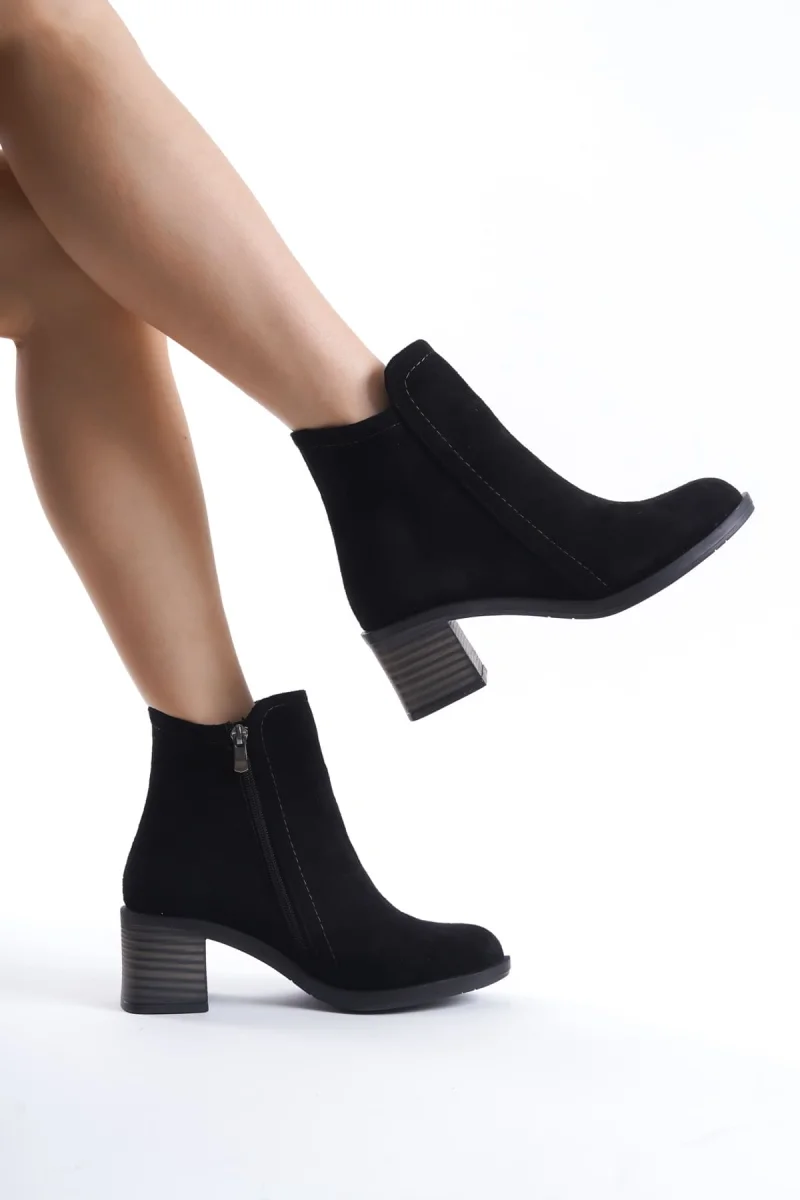 LARISSA Fermuarlı Ortopedik Taban Topuklu Süet Kadın Bot  SST - Siyah