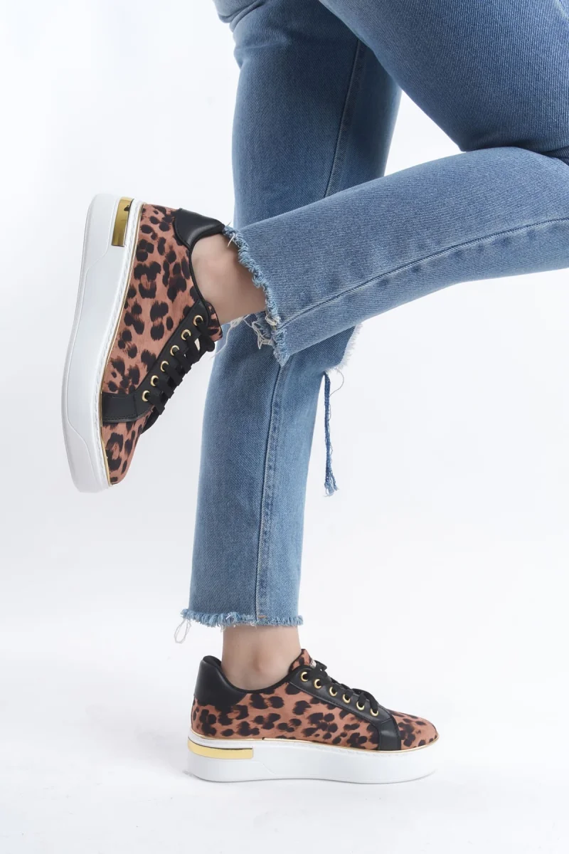 MINA Bağcıklı Ortopedik Taban Leopar Desenli Kadın Sneaker Spor Ayakkabı  TBT - Kahverengi