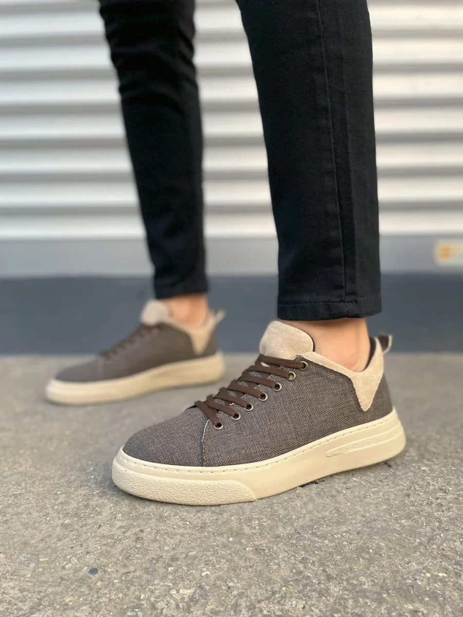JY204 Flex Bağcıklı Keten Kumaş Erkek Günlük Sneaker Ayakkabı KKT - Kahverengi/Krem