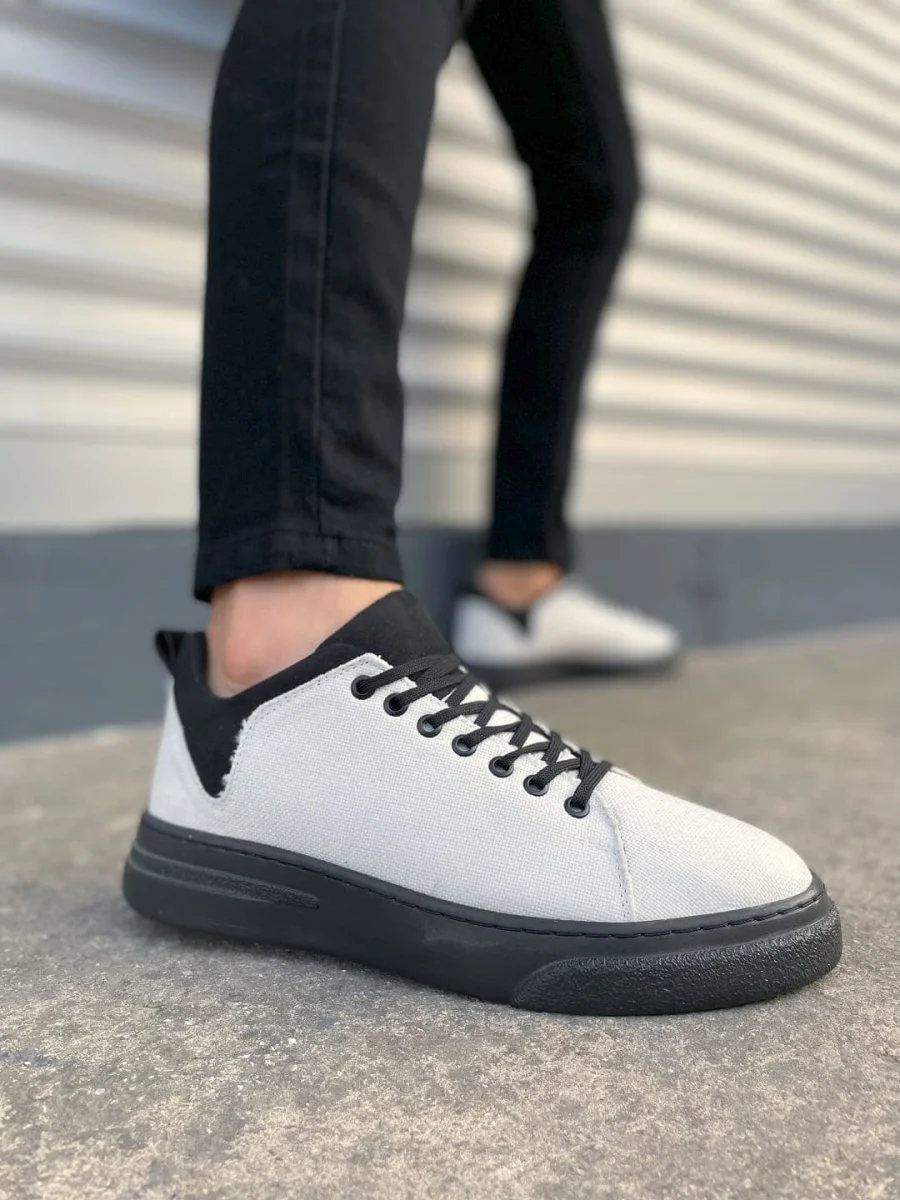 JY204 Flex Bağcıklı Keten Kumaş Erkek Günlük Sneaker Ayakkabı KST - Beyaz/Siyah
