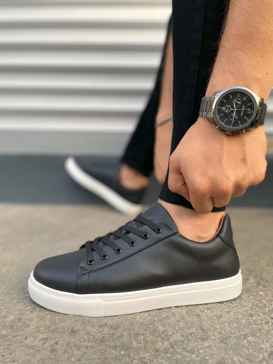JY122 Mode Bağcıklı Cilt Erkek Günlük Sneaker Ayakkabı CBT - Siyah