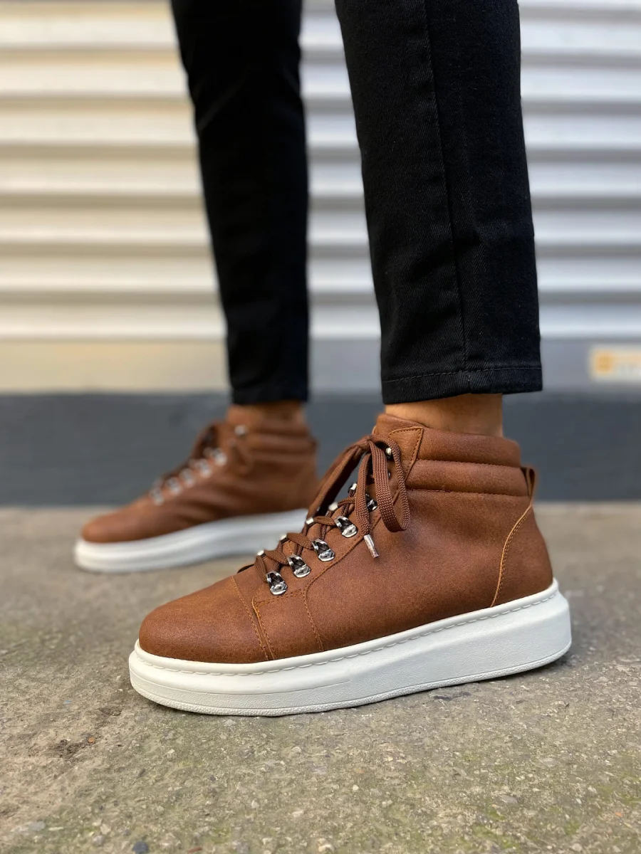 JY206 Ottawa Bağcıklı Ortopedik Taban Cilt Erkek Spor Bot CBT - Taba