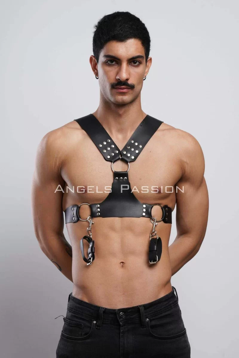 Kelepçeli Erkek  Göğüs Harness, Deri Erkek  Fantezi Harness, Kelepçeli Erkek  Harness - Brfm121
