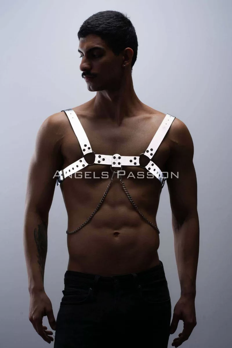 Reflektörlü (karanlıkta Parlayan) Zincir Detaylı Şık Erkek  Göğüs Harness, Reflektörlü Clubwear - Brfm109