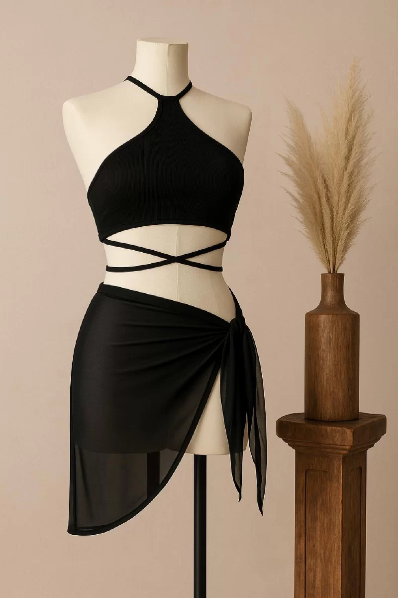 Kadın Siyah Çapraz Bağlamalı Crop Ve Pareo 2'li Set