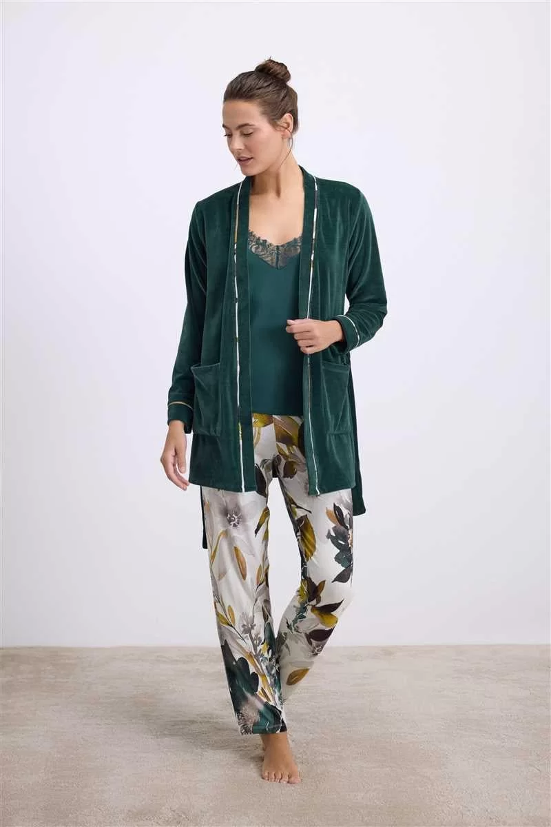 Kadife Sabahlık, Dantelli Atlet Ve Desenli Pantolon Pijama Takımı