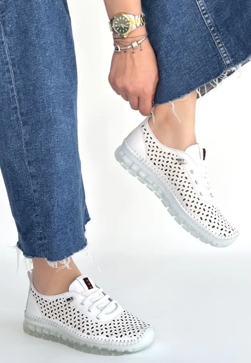 Otja Beyaz Deri Lazerli Bağcıklı Spor Ayakkabı
