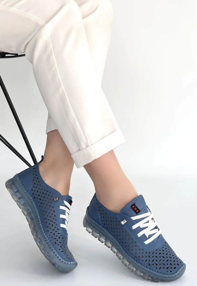 Otja Mavi Deri Lazerli Bağcıklı Spor Ayakkabı