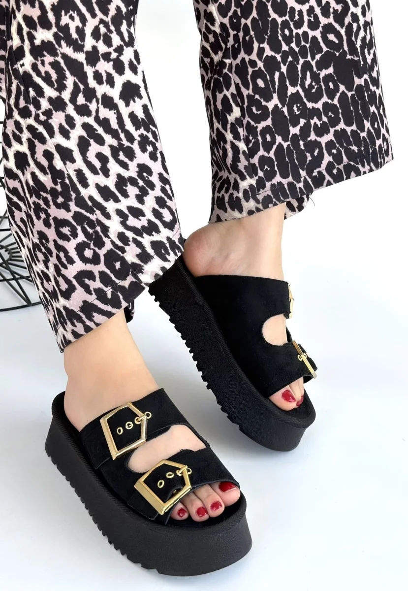 Coer Siyah Süet Çift Tokalı Terlik