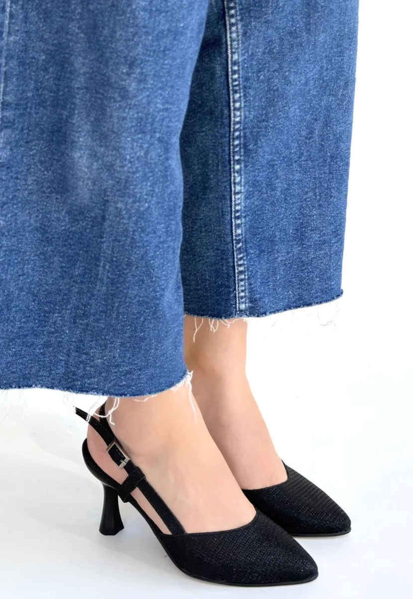 Joga Siyah Saten Simli Topuklu Ayakkabı