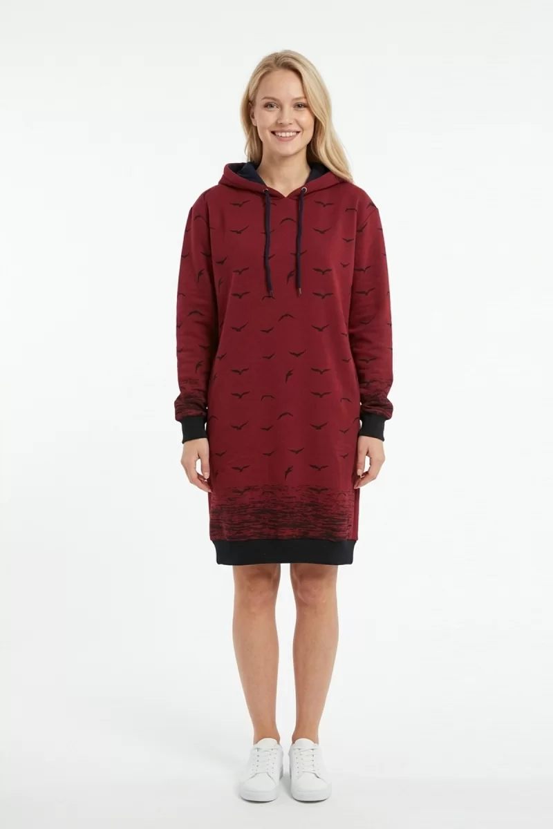 Kadın BordoMartı Desenli Kapüşonlu Cepli Uzun Kollu Jakarlı İnterlok Penye Sweatshirt Elbise