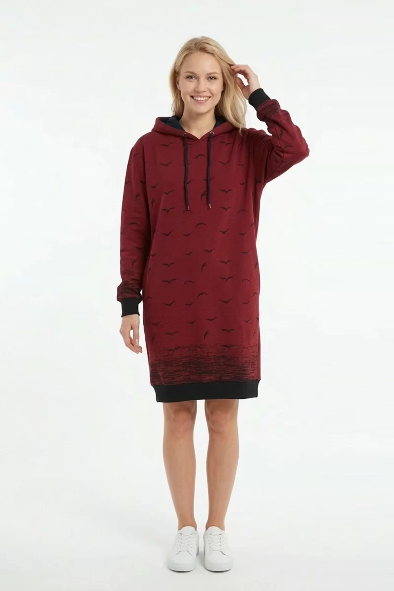 Kadın BordoMartı Desenli Kapüşonlu Cepli Uzun Kollu Jakarlı İnterlok Penye Sweatshirt Elbise