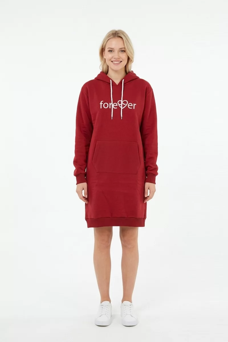 Kadın Bordo Forever Baskılı Kapüşonlu Kanguru Cepli Uzun Sweatshirt Tunik Elbise