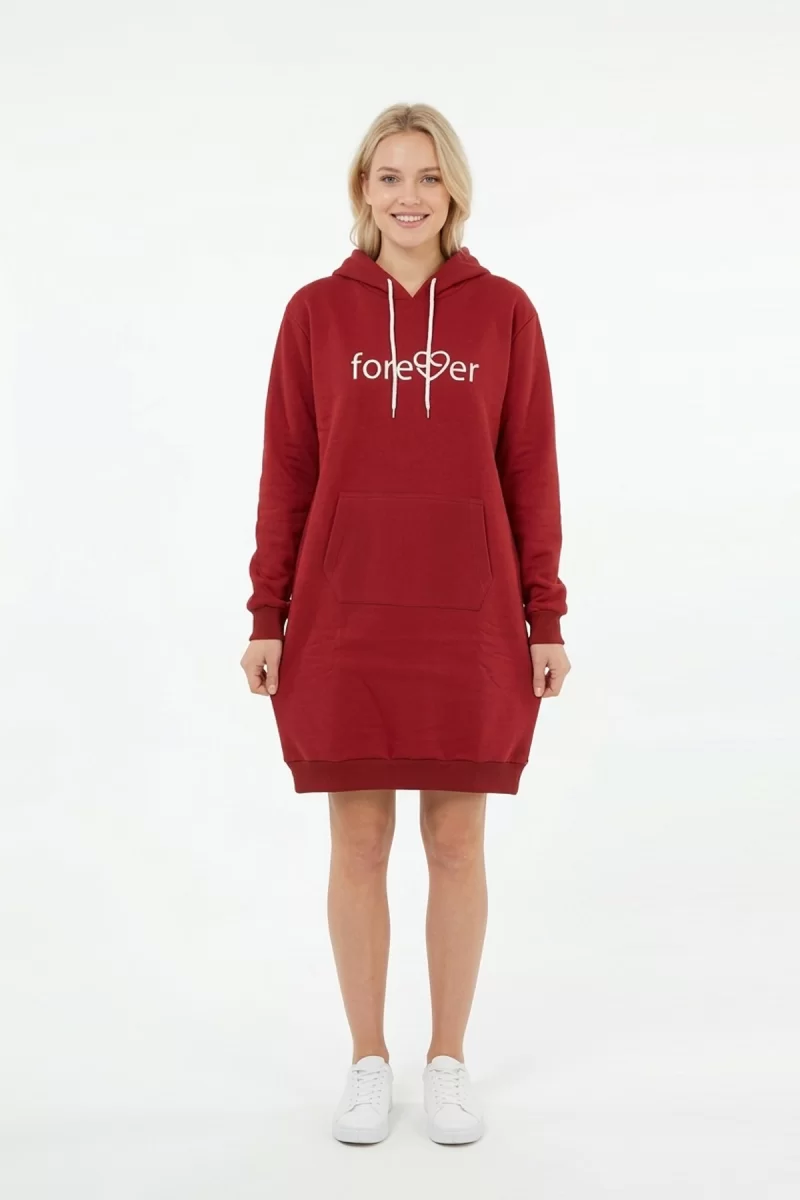 Kadın Bordo Forever Baskılı Kapüşonlu Kanguru Cepli Uzun Sweatshirt Tunik Elbise