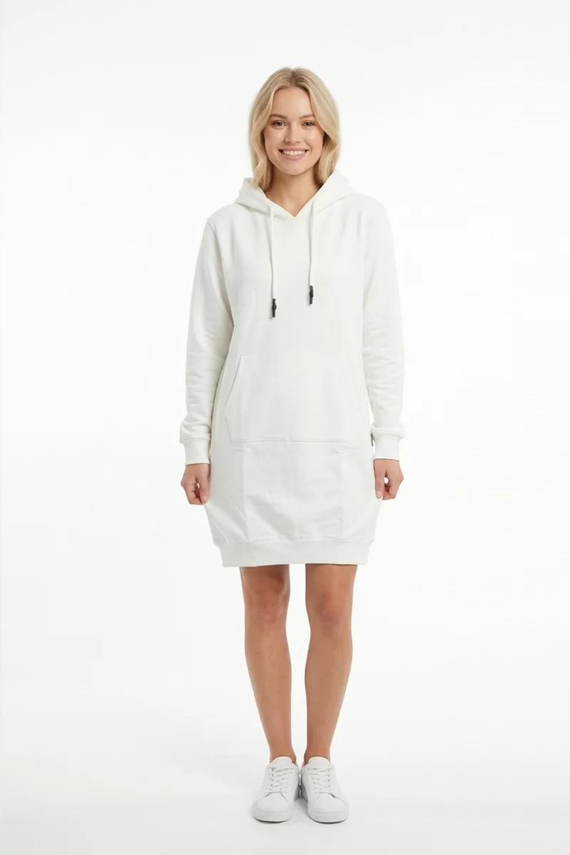 Kadın Beyaz Kapüşonlu Kanguru Cep Detaylı Uzun Kollu  Sweatshirt Tunik Elbise