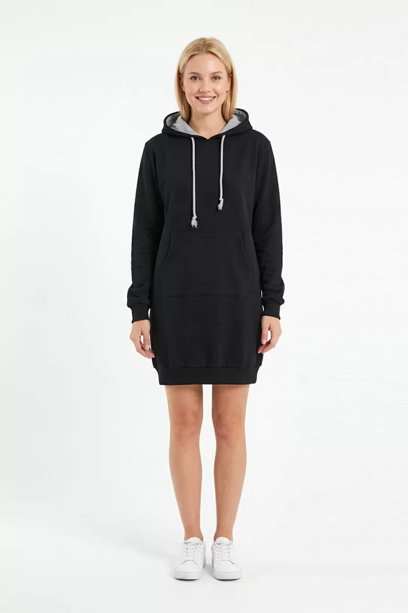 Kadın Siyah Kapüşonlu Kanguru Cep Detaylı Uzun Kollu  Sweatshirt Tunik Elbise