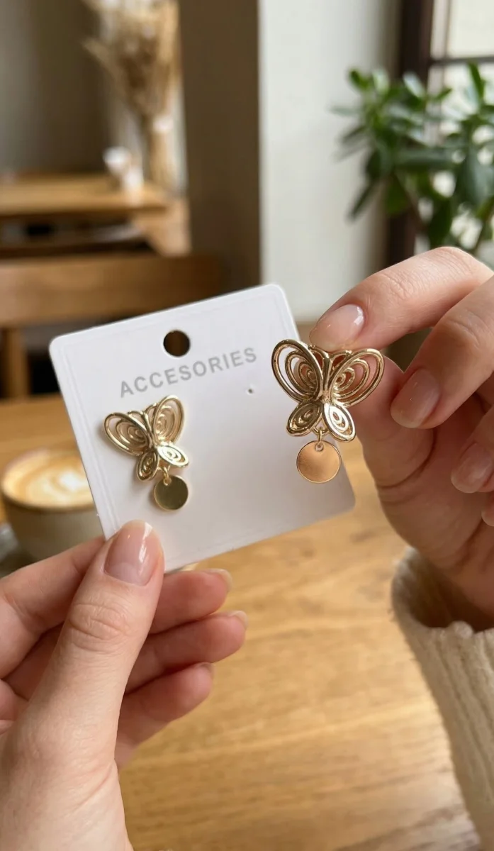 Füsun Küpesi Model Gold Renk Kelebek Model Pirinç Kadın Küpe