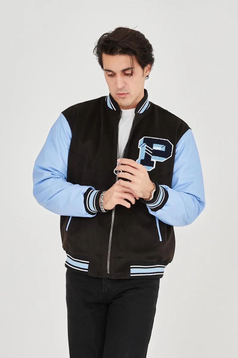 İçten Elyaf ve Astarlı Kolları Suni Deri Ceket - Mavi -