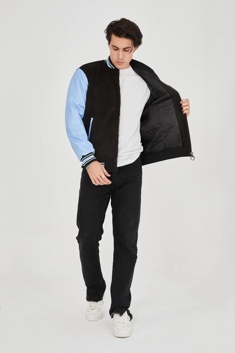 İçten Elyaf ve Astarlı Kolları Suni Deri Ceket - Mavi -