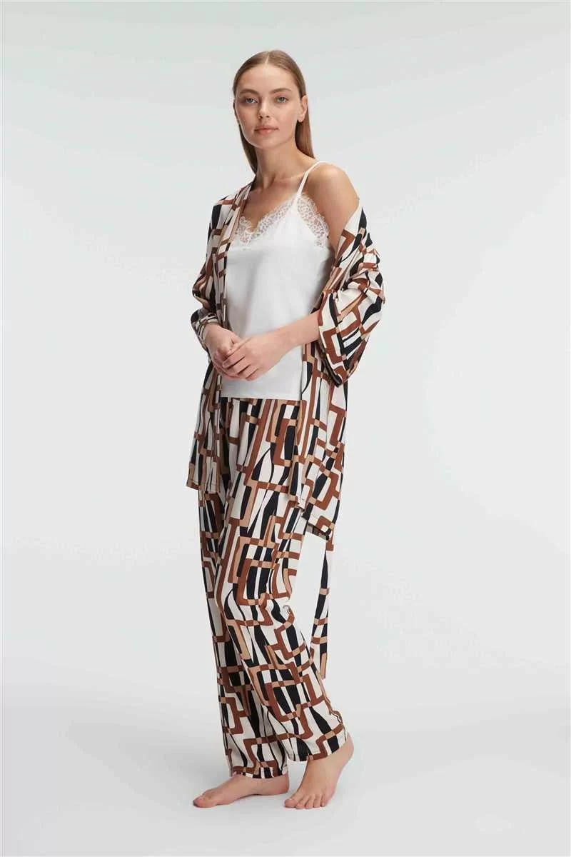 Dokuma Viskon Geometrik Baskılı Sabahlık Mikro Kumaş Dantelli Atlet Ve Yandan Cepli Pantolon 3'lü Takım