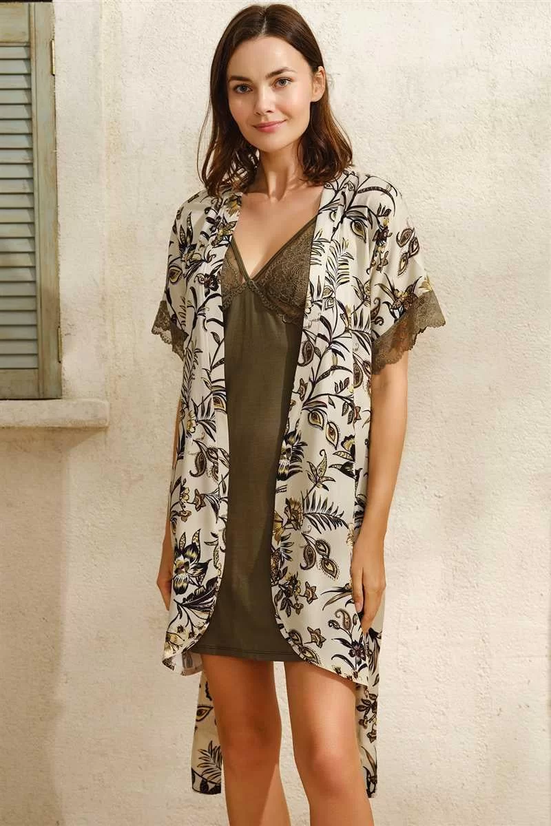 Dokuma Viskon Çiçek Baskılı Sabahlık Ve Dantelli Kısa Gecelik Takımı