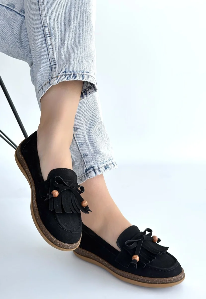 Boriy Siyah Deri Tozu Süet Babet Ayakkabı