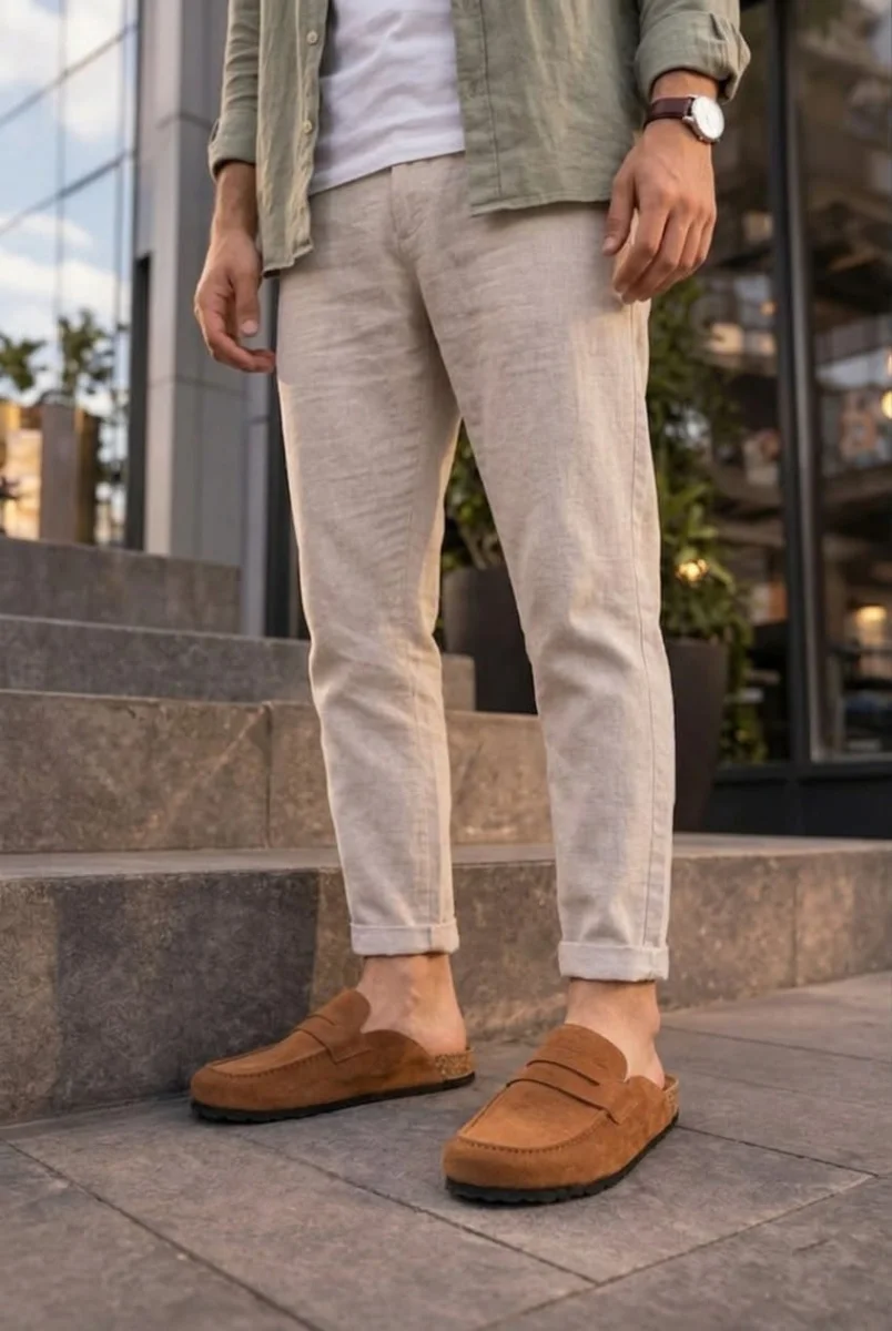 JY0456 Rayn Bağcıksız Hakiki Süet Deri Erkek Günlük Mantar Taban Loafer Klasik Ayakkabı HDMT - Taba