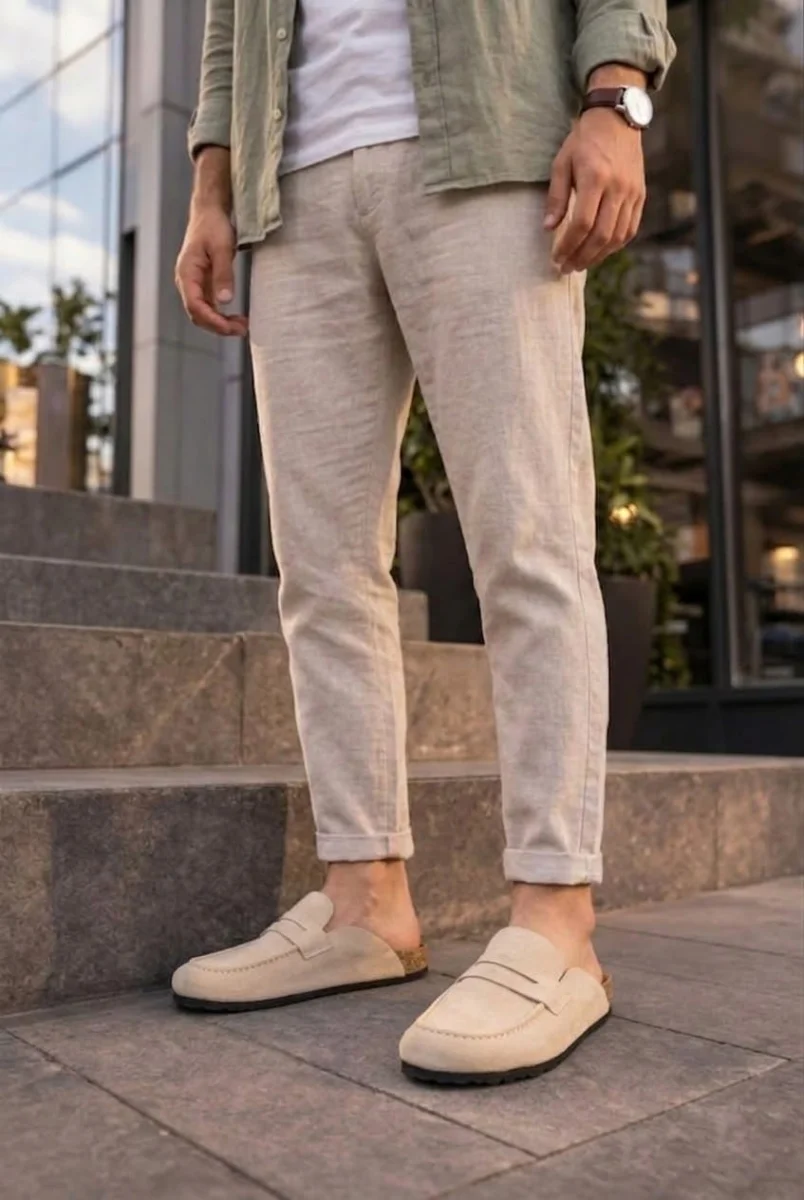 JY0456 Rayn Bağcıksız Hakiki Süet Deri Erkek Günlük Mantar Taban Loafer Klasik Ayakkabı HDMT - Krem