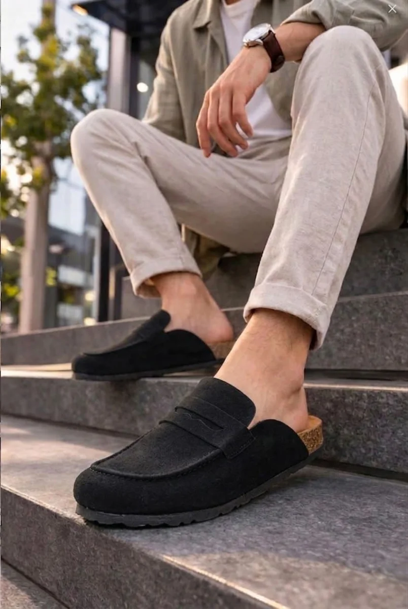 JY0456 Rayn Bağcıksız Hakiki Süet Deri Erkek Günlük Mantar Taban Loafer Klasik Ayakkabı HDMT - Siyah