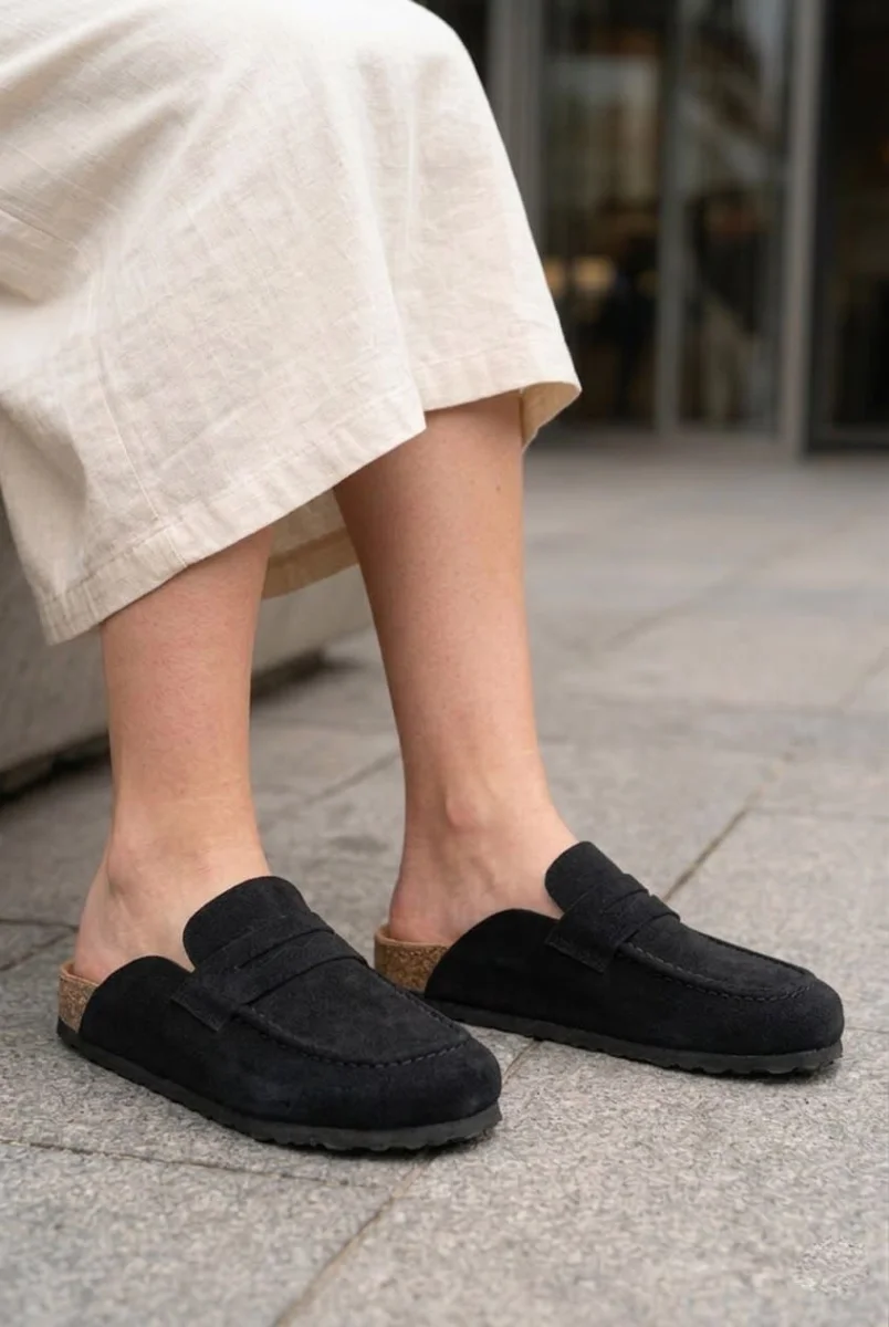 LUVRA Bağcıksız Hakiki Süet Deri Kadın Günlük Mantar Taban Loafer Klasik Ayakkabı HDMT - Siyah