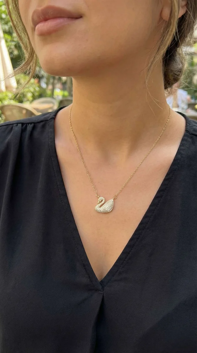 316L Çelik Zincir Altın Renk Zirkon Taşlı Kuğu Kolye