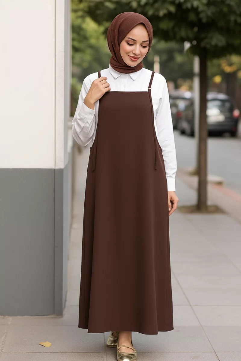 Kadın Acı Kahverengi Basic Ayarlanabilir Askılı Jile Elbise