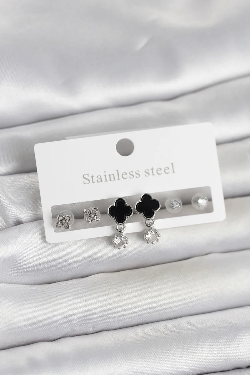 316L Çelik Gümüş Renk Yonca Detaylı Kadın Küpe Seti