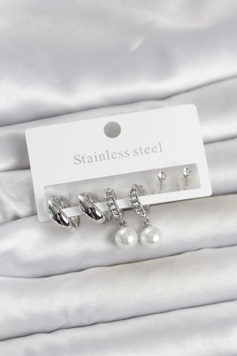 316L Çelik Gümüş Renk inci Halka Detaylı Kadın Küpe Seti