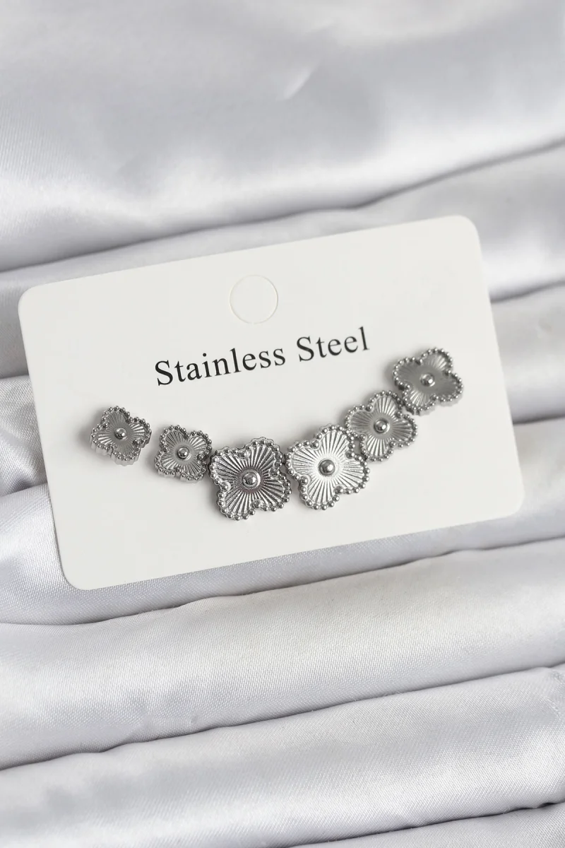 316L Çelik Gümüş Renk Yonca Küpe Seti